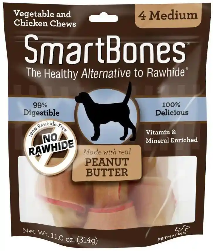 Peanut Butter Medium Chew Bones Dog Treats 4-pack