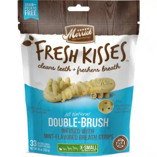 Fresh Kisses Double-brush Mint Breath Strips Grain-free Dental Dog Treats Xs Dog - 33 Count