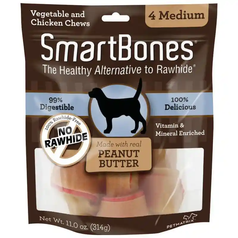 Peanut Butter Medium Chew Bones Dog Treats 4-pack