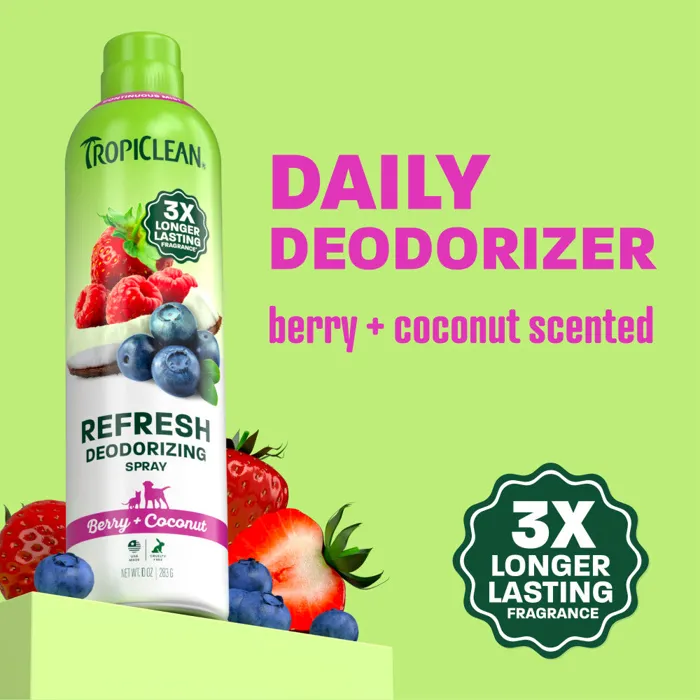 TropiClean Berry + Coconut Deodorizing Pet Spray 10oz feature graphic